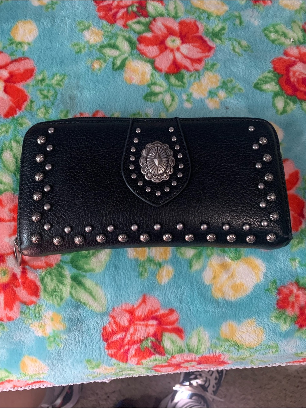 Montana West Black Studded Wallet with Concho Detail Zip Around Style